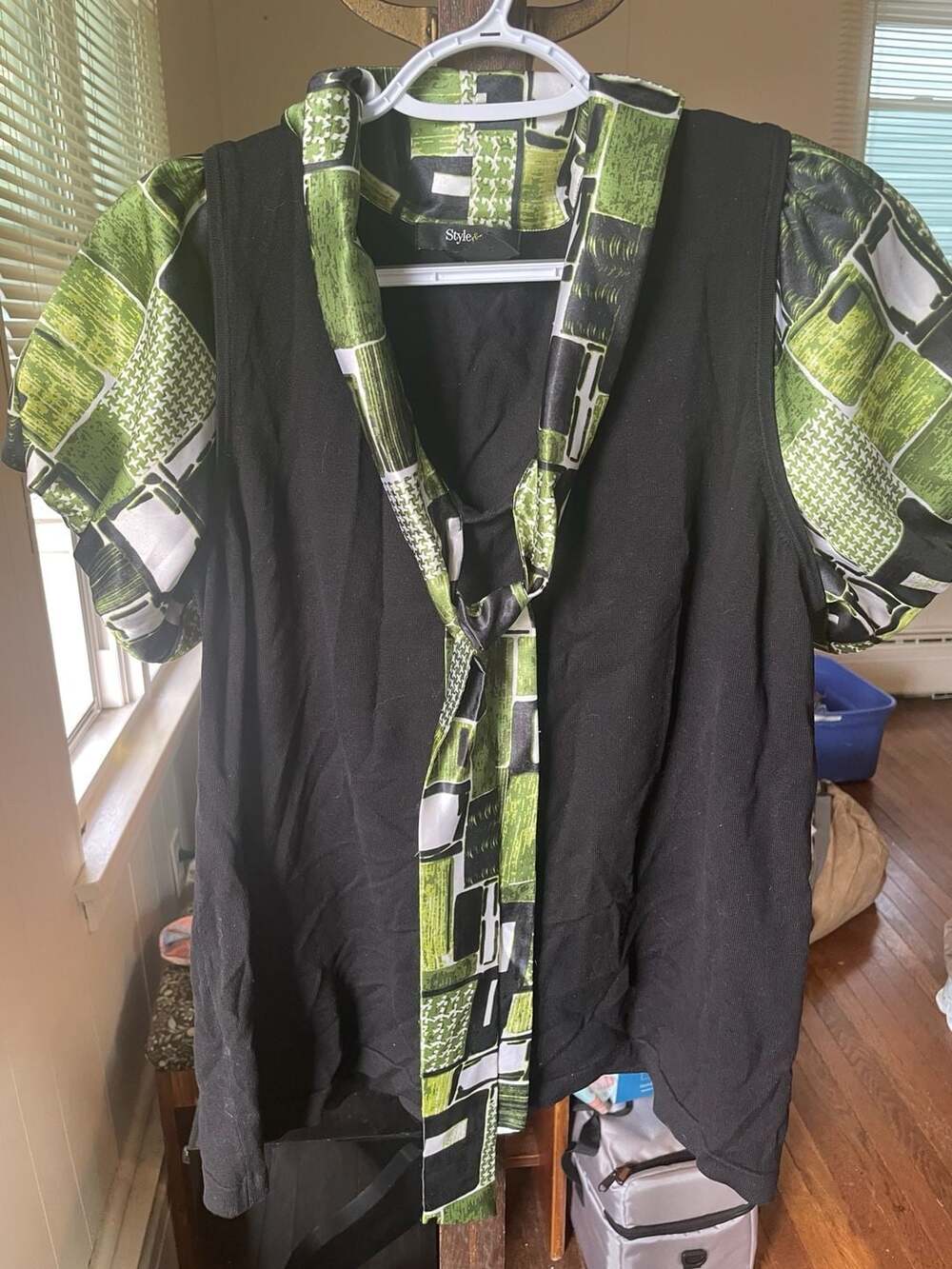 Style & Co. Woman Mixed Media Knit Top with Geometric Print Scarf and Puff Sleev